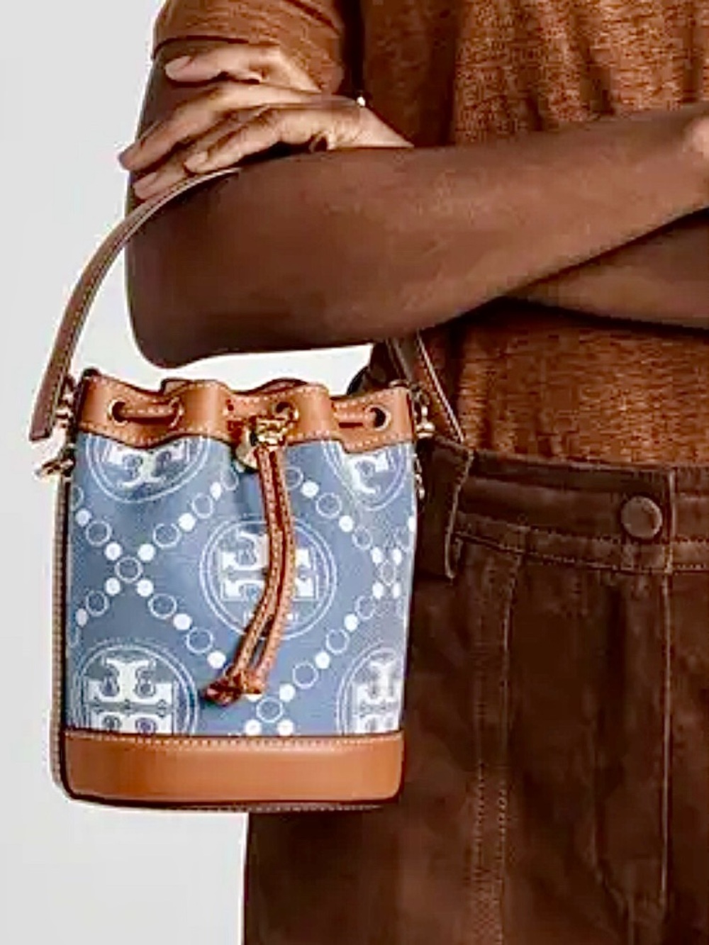 Tory Burch Mini T Monogram Denim Bucket Bag